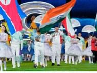 Indian men's hockey goalkeeper PR Sreejesh as India's flagbearer at the Asian Games 2023 Closing Ceremony. (Image: Twitter)